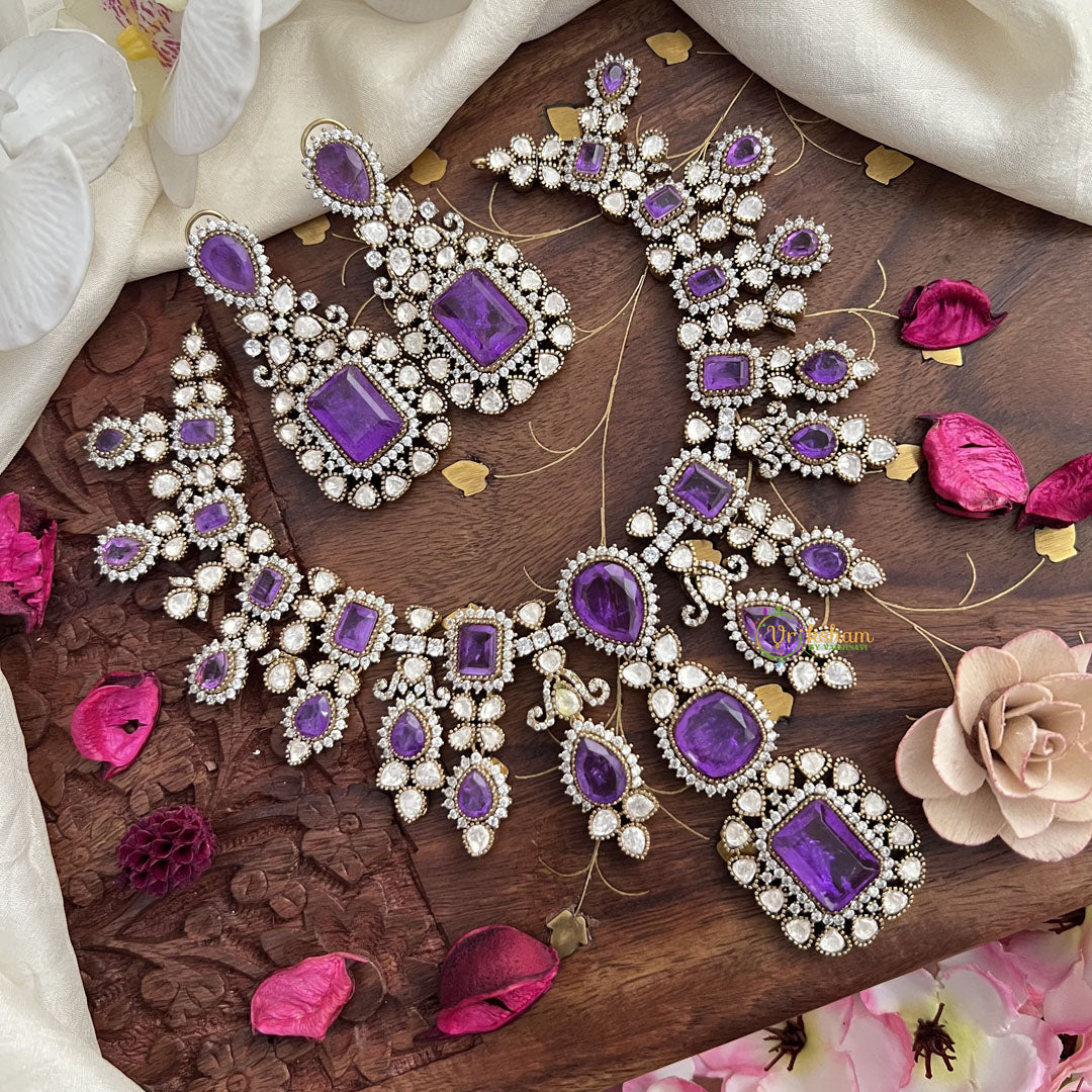 Premium Purple Victorian Diamond Short Pendant Neckpiece - VV1363