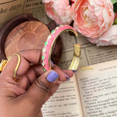 Vriksham Harlequin Diamond Pastel Pink & Cream Gold-Plated Enamel Openable Kada Bangle-G21853