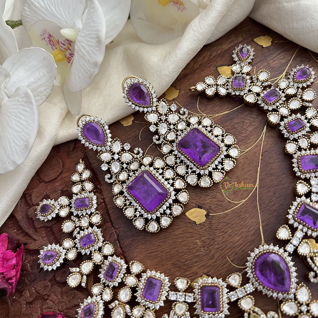 Premium Purple Victorian Diamond Short Pendant Neckpiece - VV1363