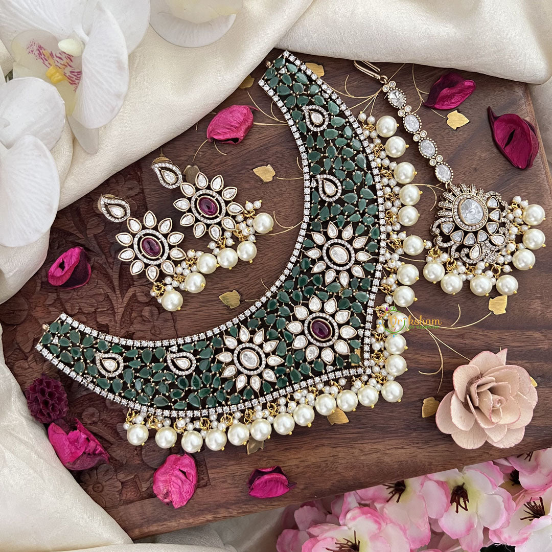 Premium Green Victorian Diamond Bridal Choker-Pearl-VV1672
