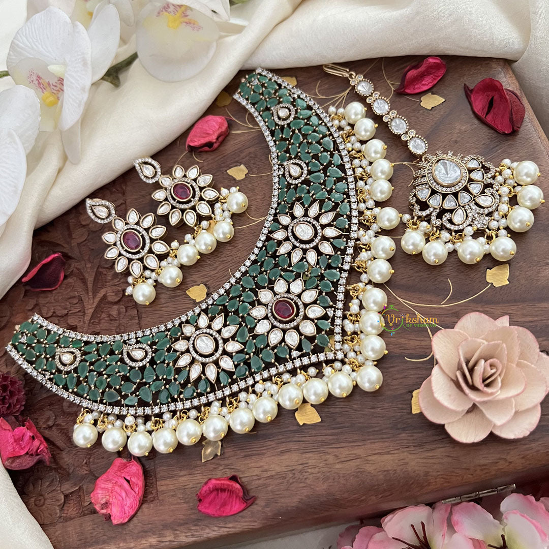 Premium Green Victorian Diamond Bridal Choker-Pearl-VV1672