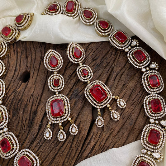 Premium Red Victorian Diamond Pendant Neckpiece  - VV1387