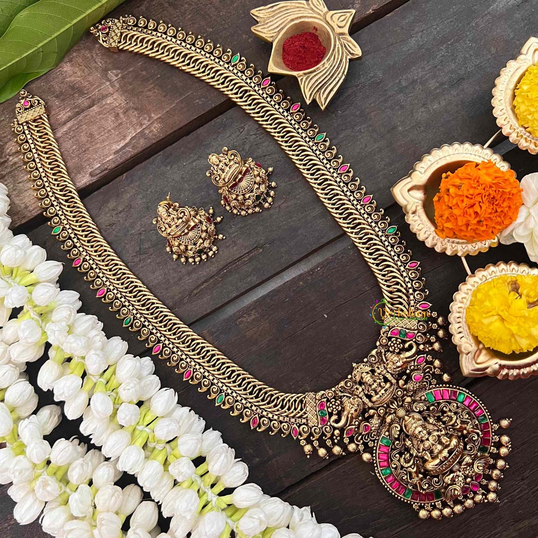 Vriksham Exquisite Jalebi Style Lakshmi Pendant Long Neckpiece-Red Green-Gold Bead-G21277