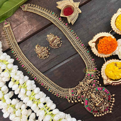Vriksham Exquisite Jalebi Style Lakshmi Pendant Long Neckpiece-Red Green-Gold Bead-G21277