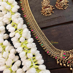 Vriksham Exquisite Jalebi Style Lakshmi Pendant Long Neckpiece-Red Green-Gold Bead-G21277