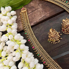 Vriksham Exquisite Jalebi Style Lakshmi Pendant Long Neckpiece-Red Green-Gold Bead-G21277