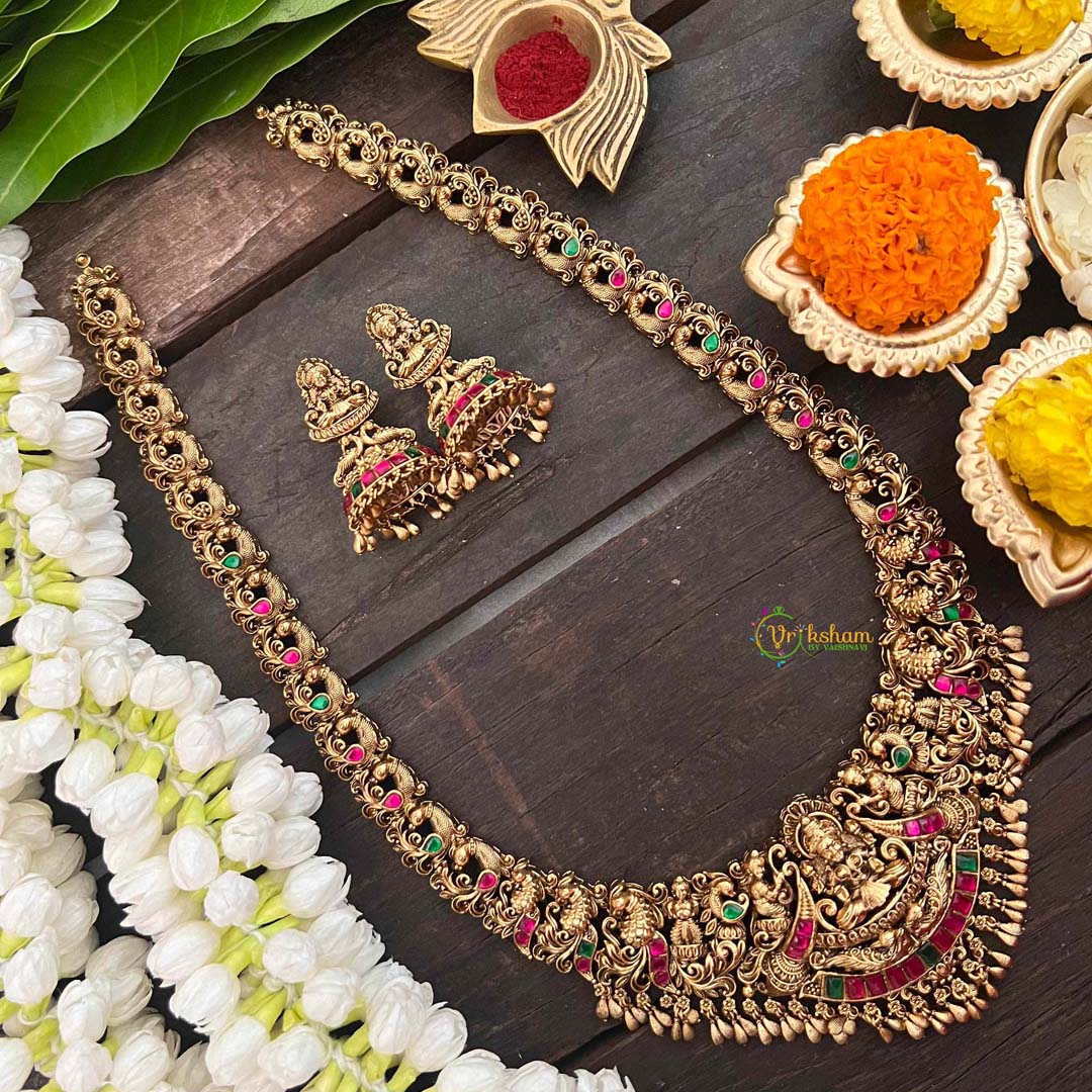Vriksham  Gold Look Alike Lakshmi Peacock Long Neckpiece-Red Green-Gold Bead-G21271