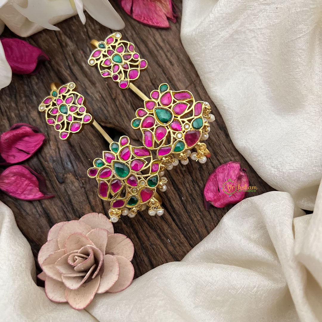 Vriksham Traditional Floral Cluster Kemp Stud & Ear Cuffs Bugadi With Pearls-G19990