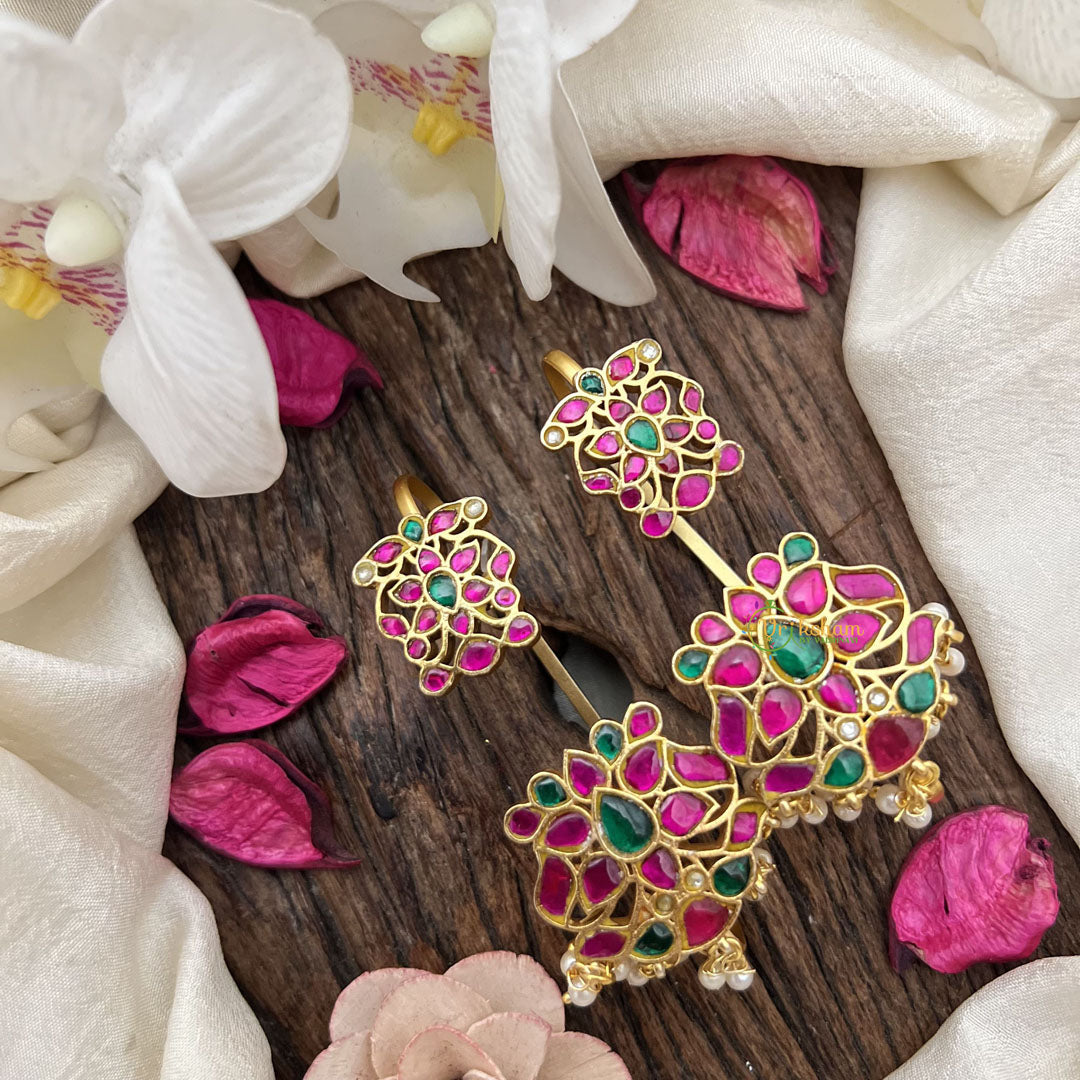 Vriksham Traditional Floral Cluster Kemp Stud & Ear Cuffs Bugadi With Pearls-G19990