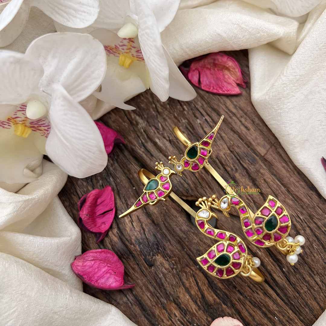Vriksham Designer Peacock & Parrot Stud & Ear Cuffs Bugadi With Pearls-G19991