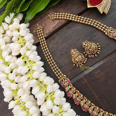 Vriksham Gold Look Alike Lakshmi Long Neckpiece-Red-Golden Bead-G21276