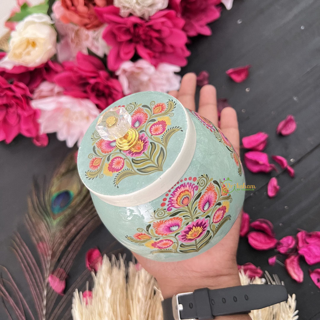 Vriksham Floral Designs Metal Pichwai Jar-Pastel Green-RG255