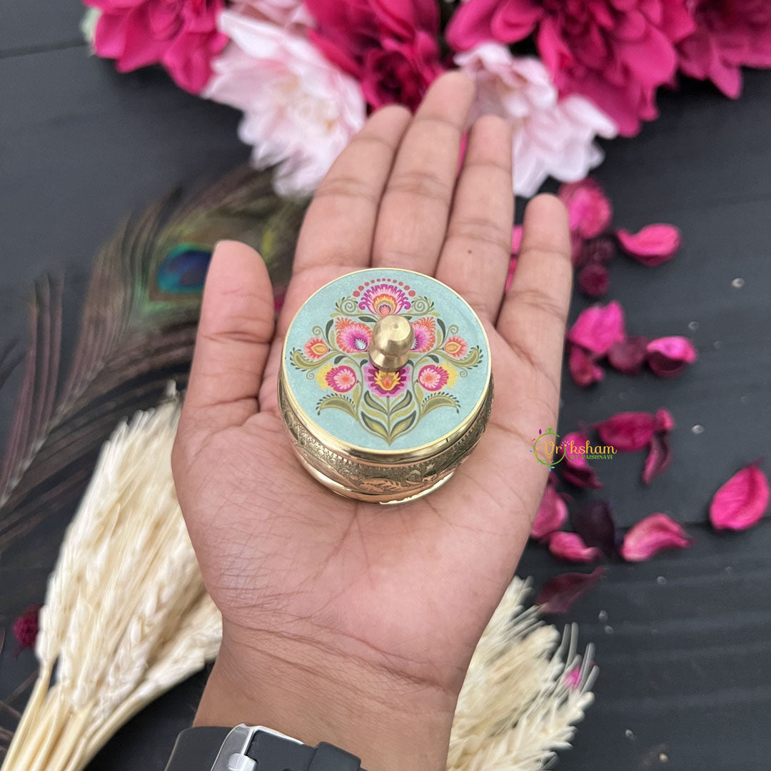 Vriksham Golden Pichwai Basket with Jar & Kumkum Box-Aqua Green-Floral Print-RG172