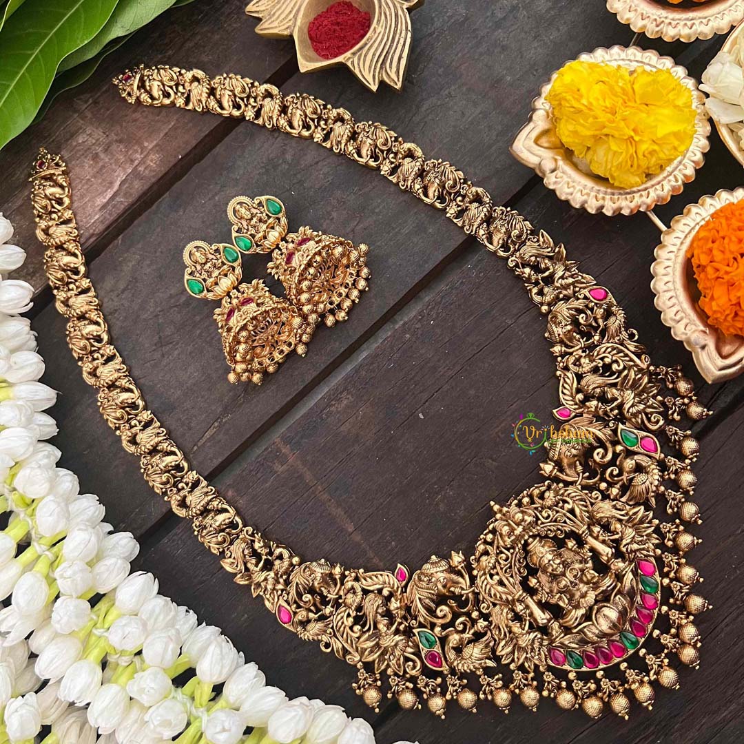 Vriksham Lakshmi Dual Elephant Long Neckpiece-Red Green-Gold Bead-G21274