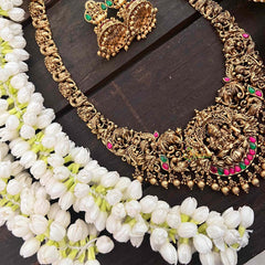 Vriksham Lakshmi Dual Elephant Long Neckpiece-Red Green-Gold Bead-G21274