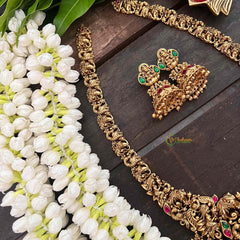 Vriksham Lakshmi Dual Elephant Long Neckpiece-Red Green-Gold Bead-G21274