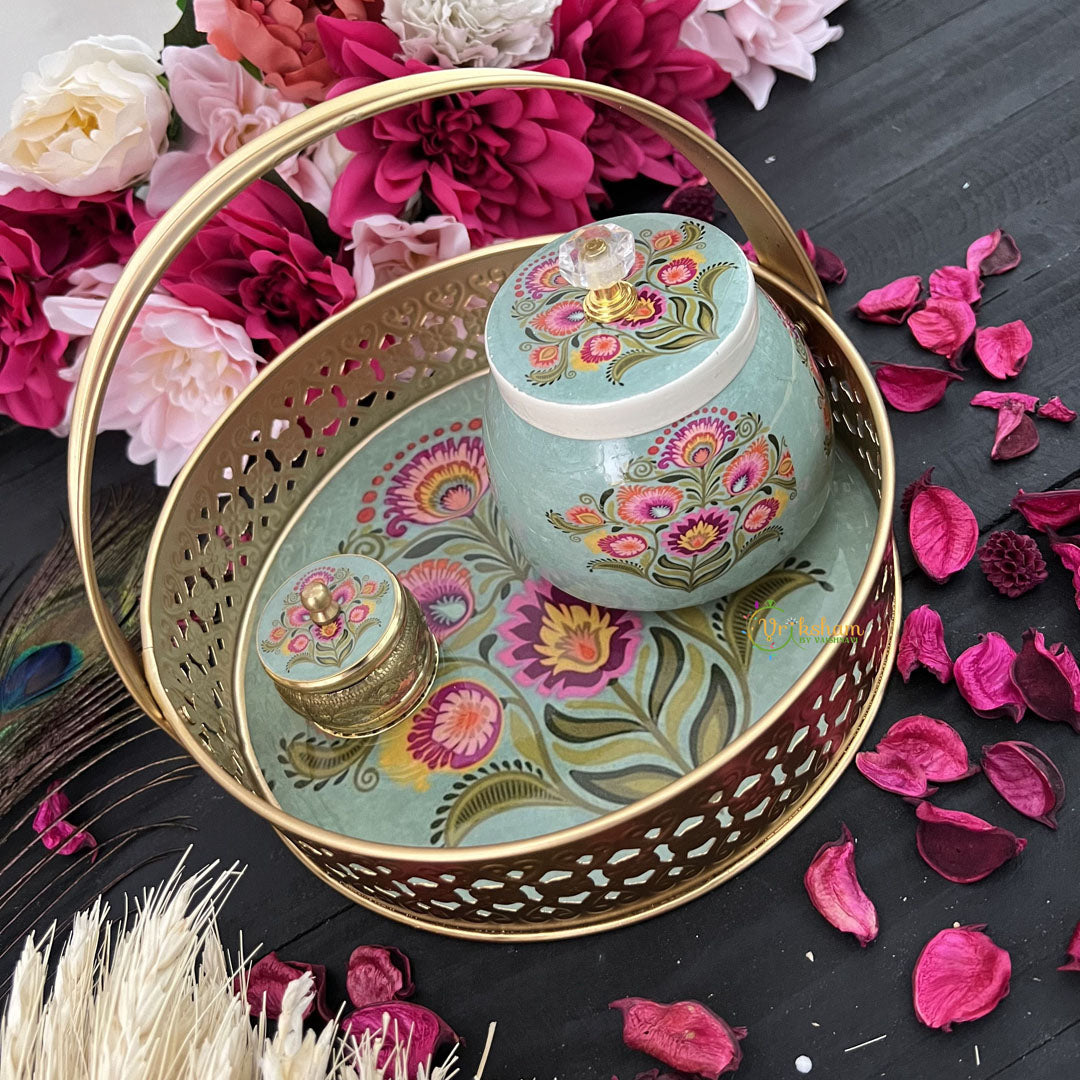 Vriksham Golden Pichwai Basket with Jar & Kumkum Box-Aqua Green-Floral Print-RG172