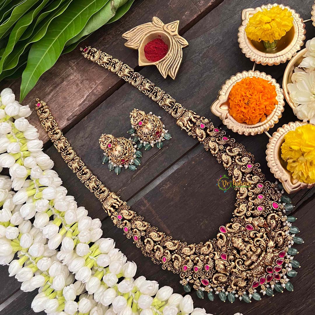 Vriksham Gold Look Alike Lakshmi With Peacock-Red-Pastel Green Bead-G21279