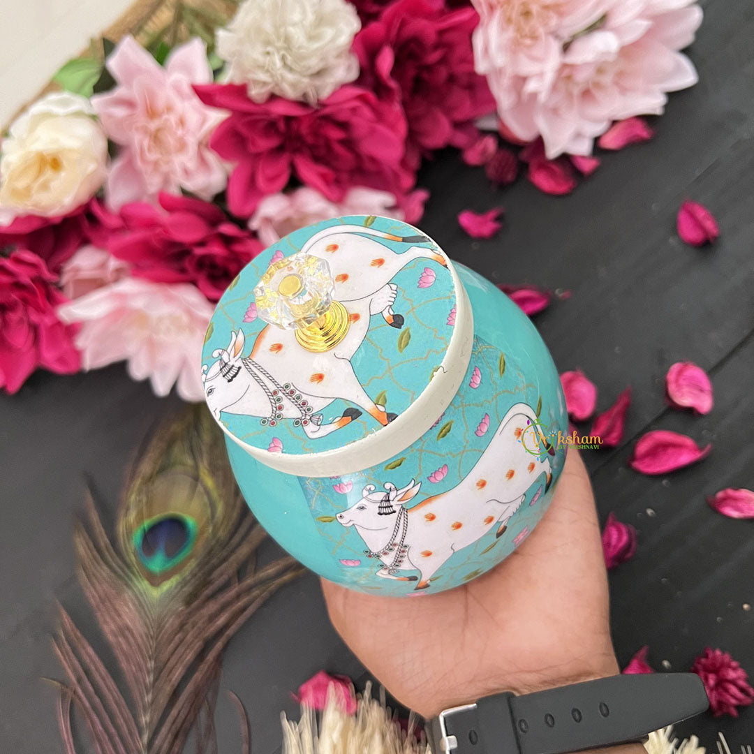 Vriksham Cow Metal Pichwai Jar-Aqua Green-RG254