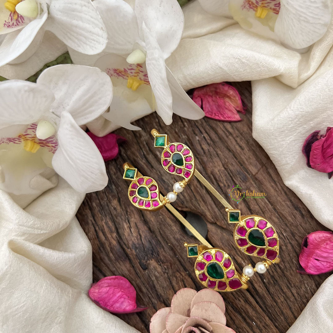 Vriksham Antique Manga Style Jadau Stud & Ear Cuffs Bugadi  With Pearls-Red Green-G19998