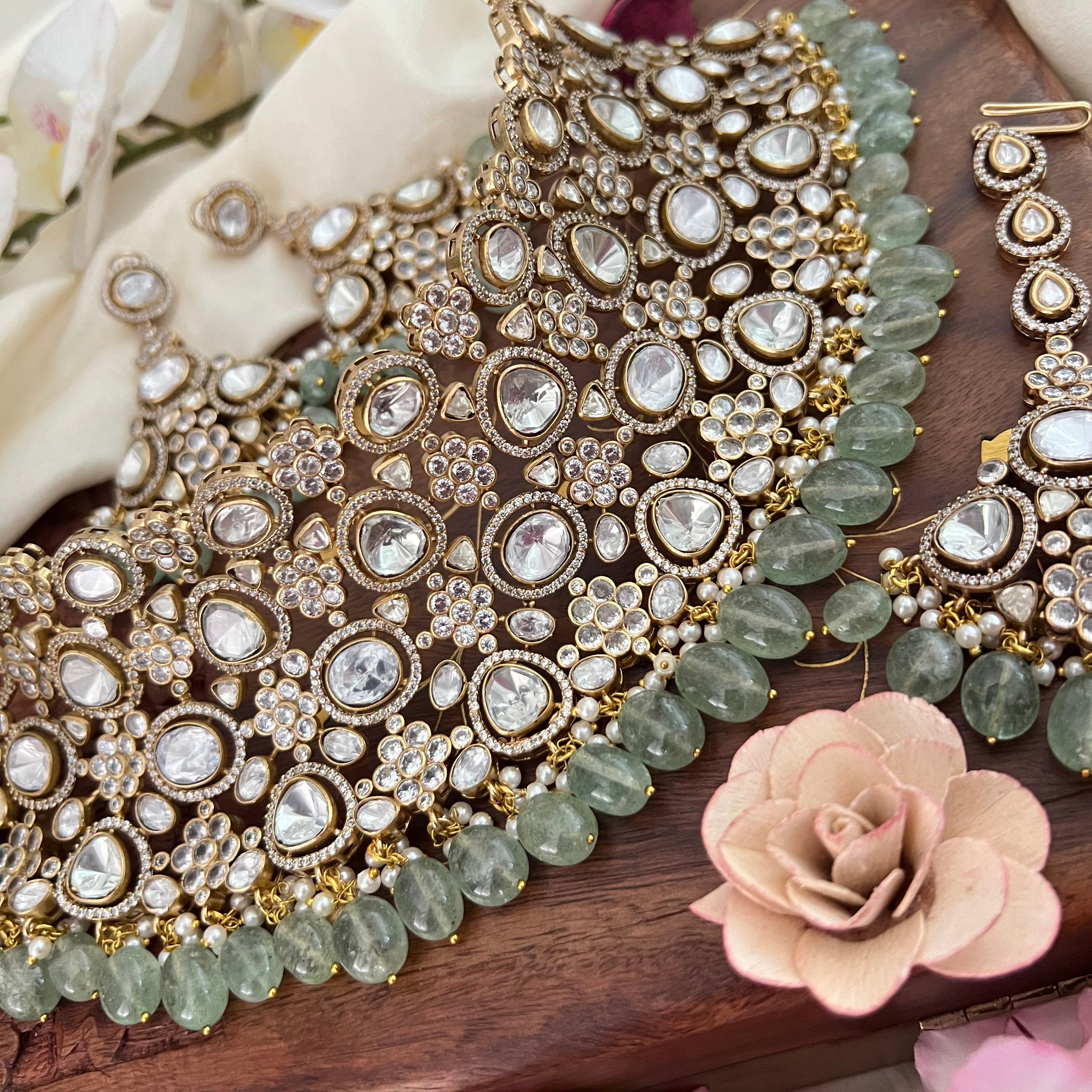 Bridal Statement Victorian Diamond Choker-Aqua Green Bead-VV1800