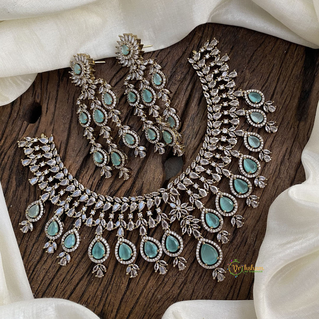 Graceful Bridal Victorian Diamond High Neck Choker - Aqua Green - VV1346