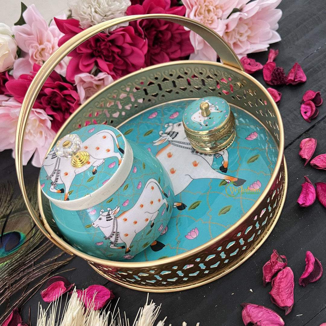 Vriksham Golden Pichwai Basket with Jar & Kumkum Box-Aqua Blue-Cow Design-RG197
