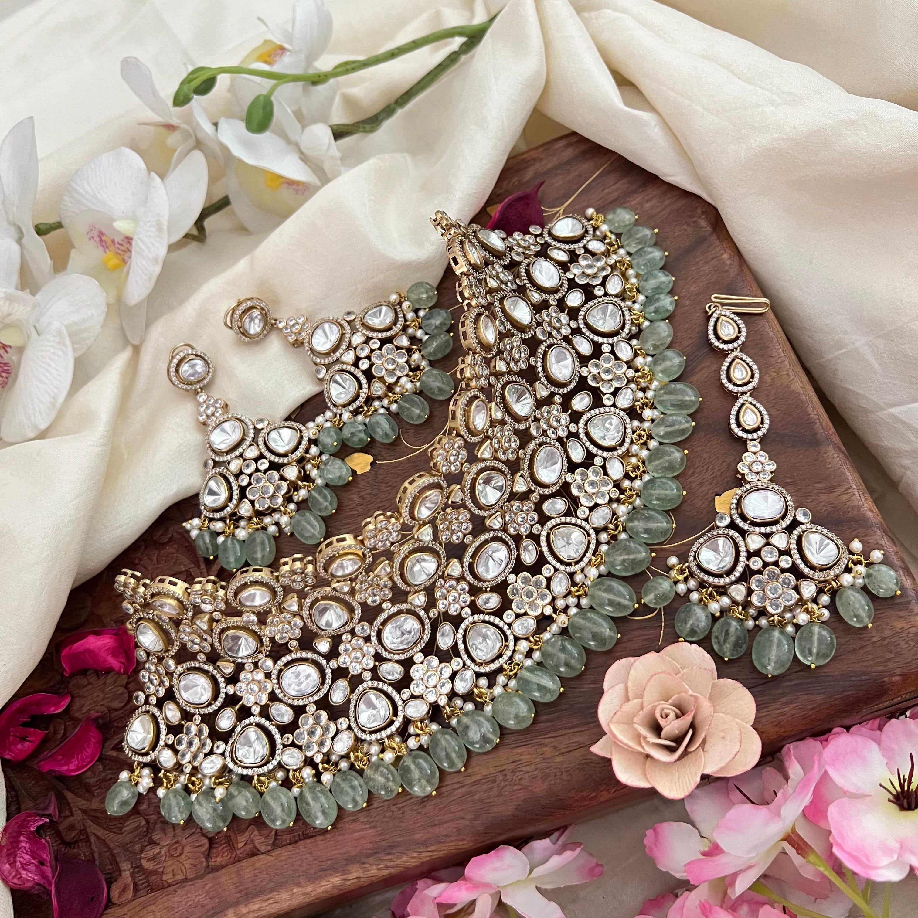 Bridal Statement Victorian Diamond Choker-Aqua Green Bead-VV1800