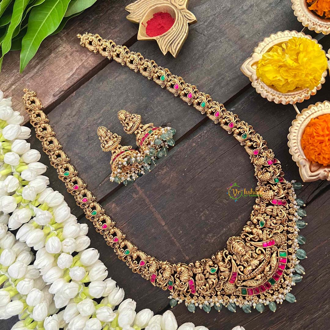 Vriksham Gold Look Alike Lakshmi Peacock Long Neckpiece-Red Green-Pastel Green Bead-G21278
