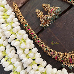 Vriksham Gold Look Alike Lakshmi Peacock Long Neckpiece-Red Green-Pastel Green Bead-G21278
