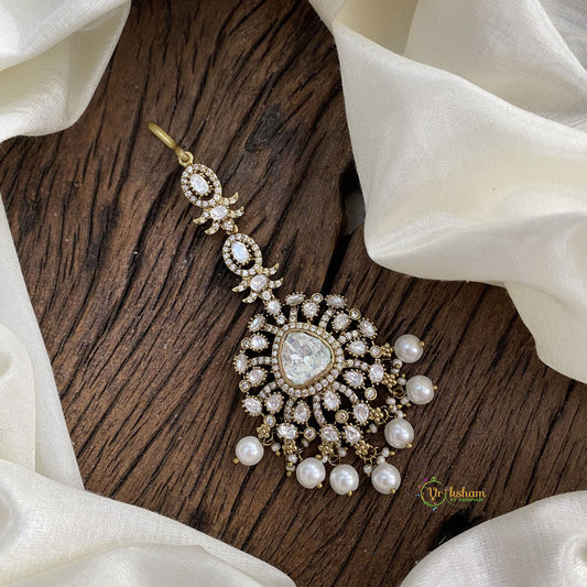Precious White Victorian Diamond Maang Tikka with Beads - VV10788