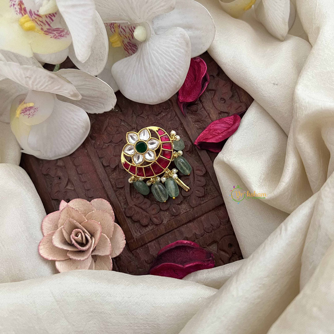 Vriksham Classic Crescent With Floral Kundan Kundan Jadau Jada Billai-Red Green & White-Aqua Green Bead-J3828