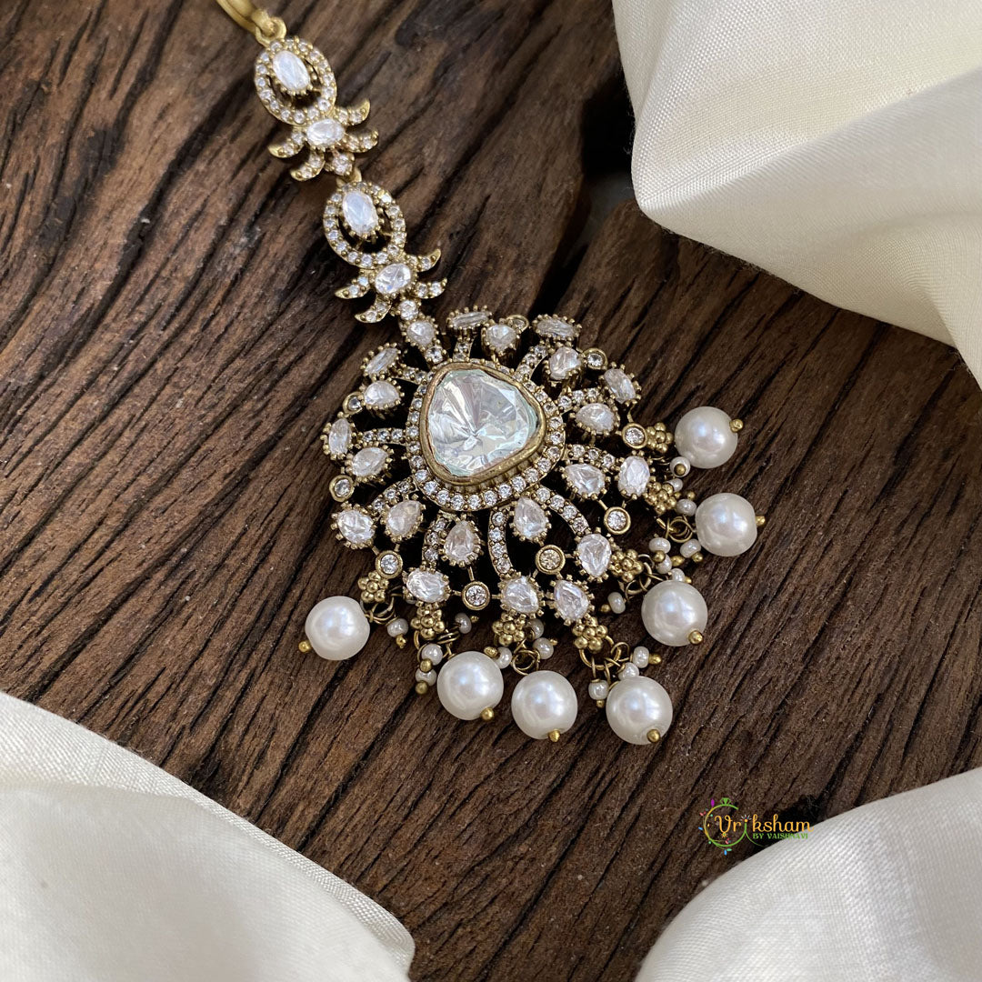 Precious White Victorian Diamond Maang Tikka with Beads VV1375
