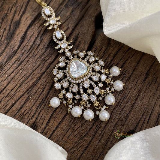 Precious White Victorian Diamond Maang Tikka with Beads - VV10788