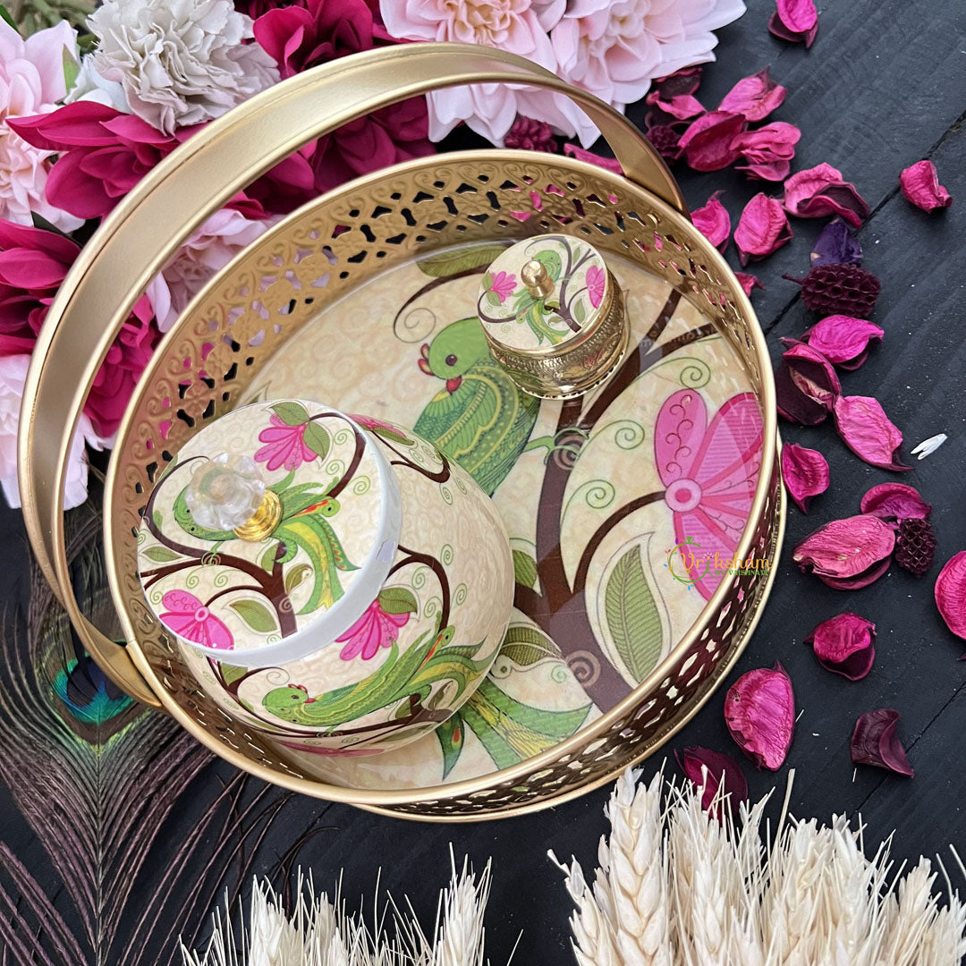 Vriksham Golden Pichwai Basket with Jar & Kumkum Box-Off White-Parrot Design-RG198