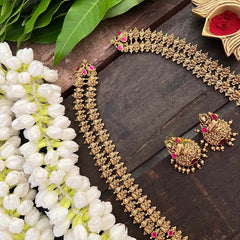 Vriksham  Double Layer Gold Plated Lakshmi With Leaf Long Neckpiece-Red-G21272