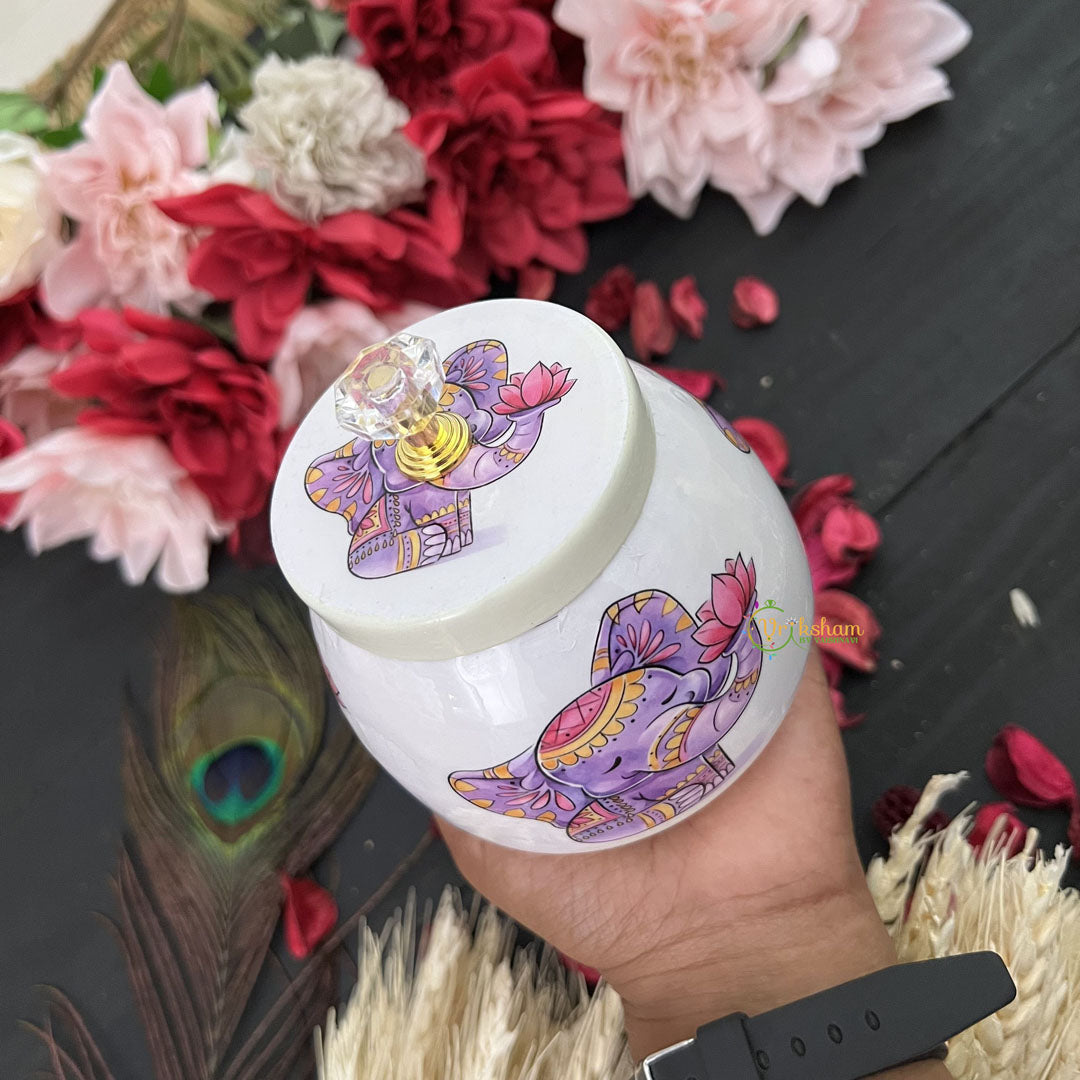 Vriksham Elephant Metal Pichwai Jar- White Purple-RG253