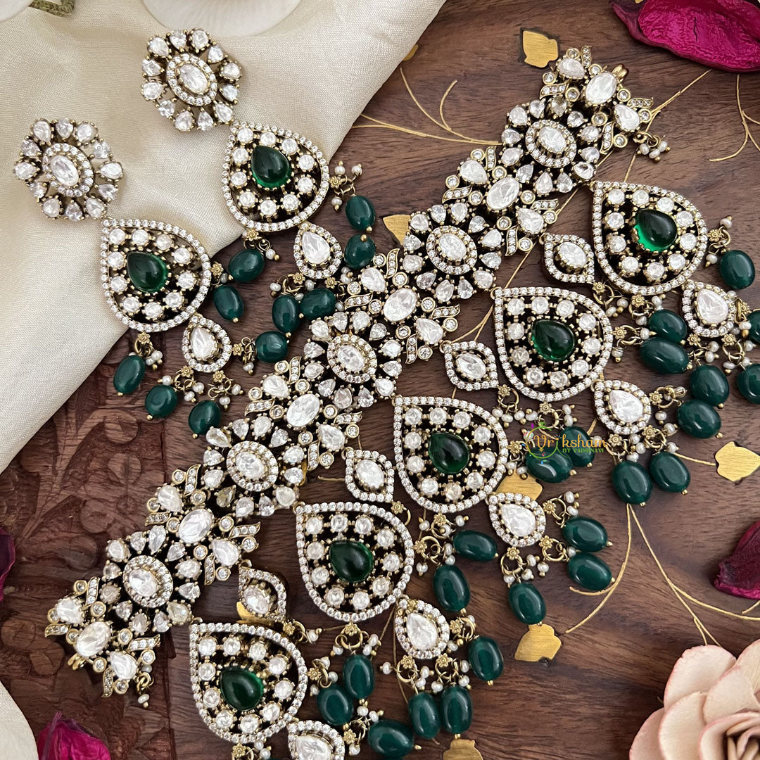 Stylish Green Victorian Diamond Choker-Green Beads-VV1880