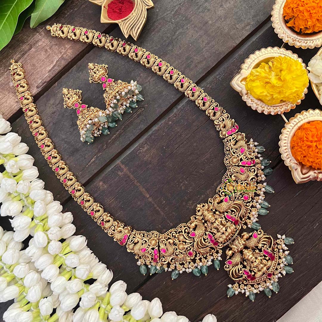 Vriksham Lakshmi Dual Peacock Pendant Long Neckpiece-Red-Pastel Green Bead-G21280