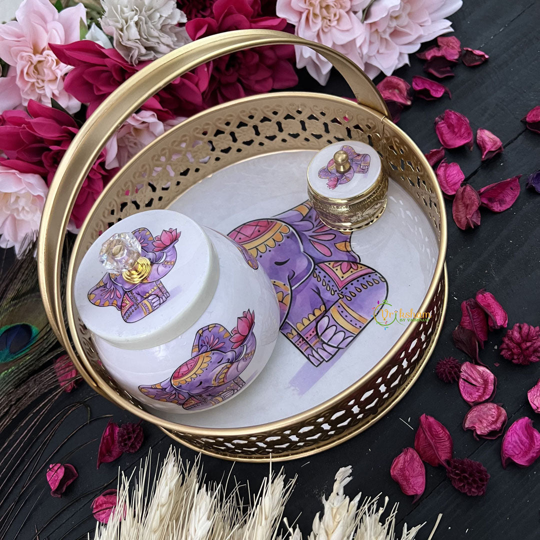 Vriksham Golden Pichwai Basket with Jar & Kumkum Box-White-Elephant Design-RG199