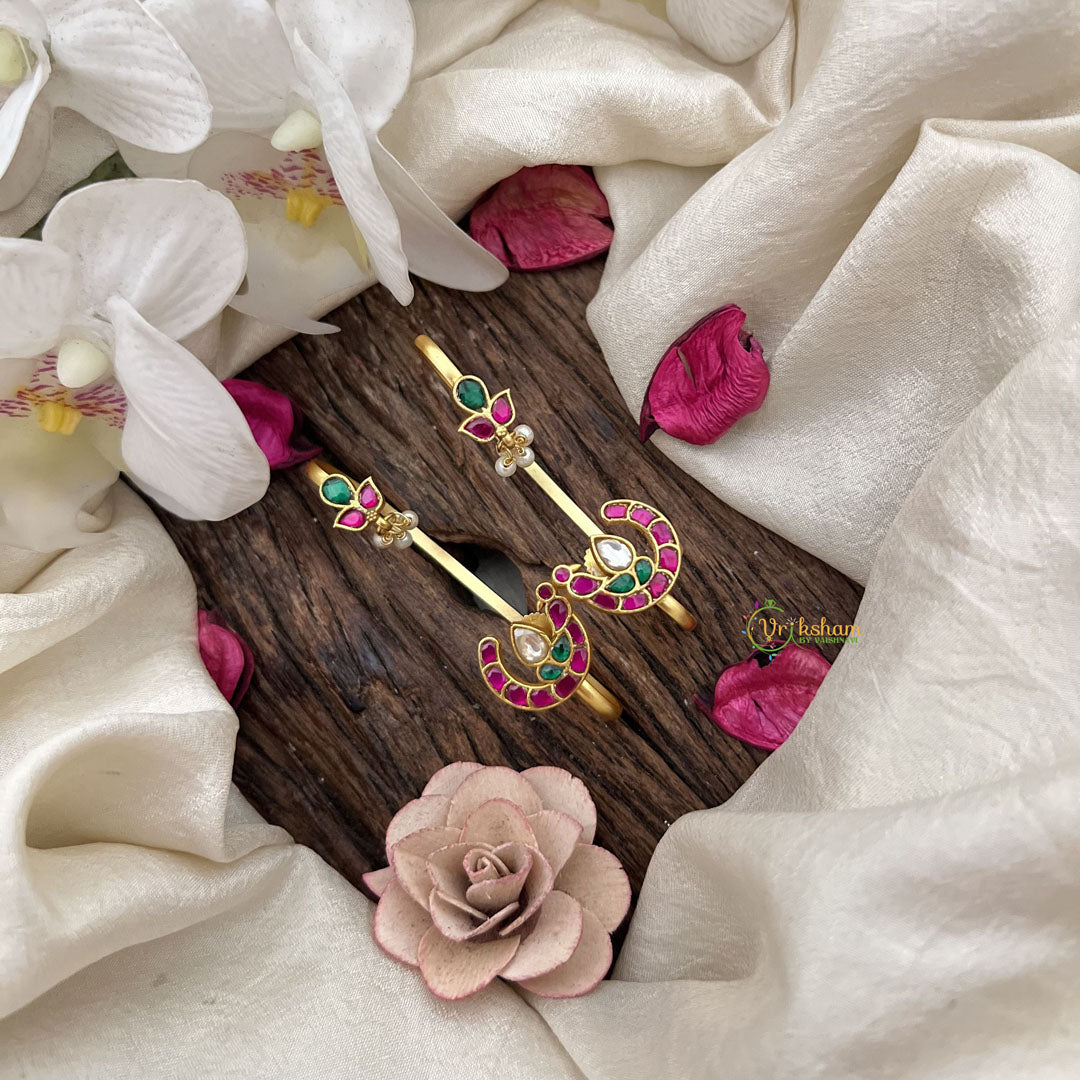Vriksham Peacock Bloom Kundan Jadau Stud & Ear Cuffs Bugadi  With Pearl-Red Green & White-G20004