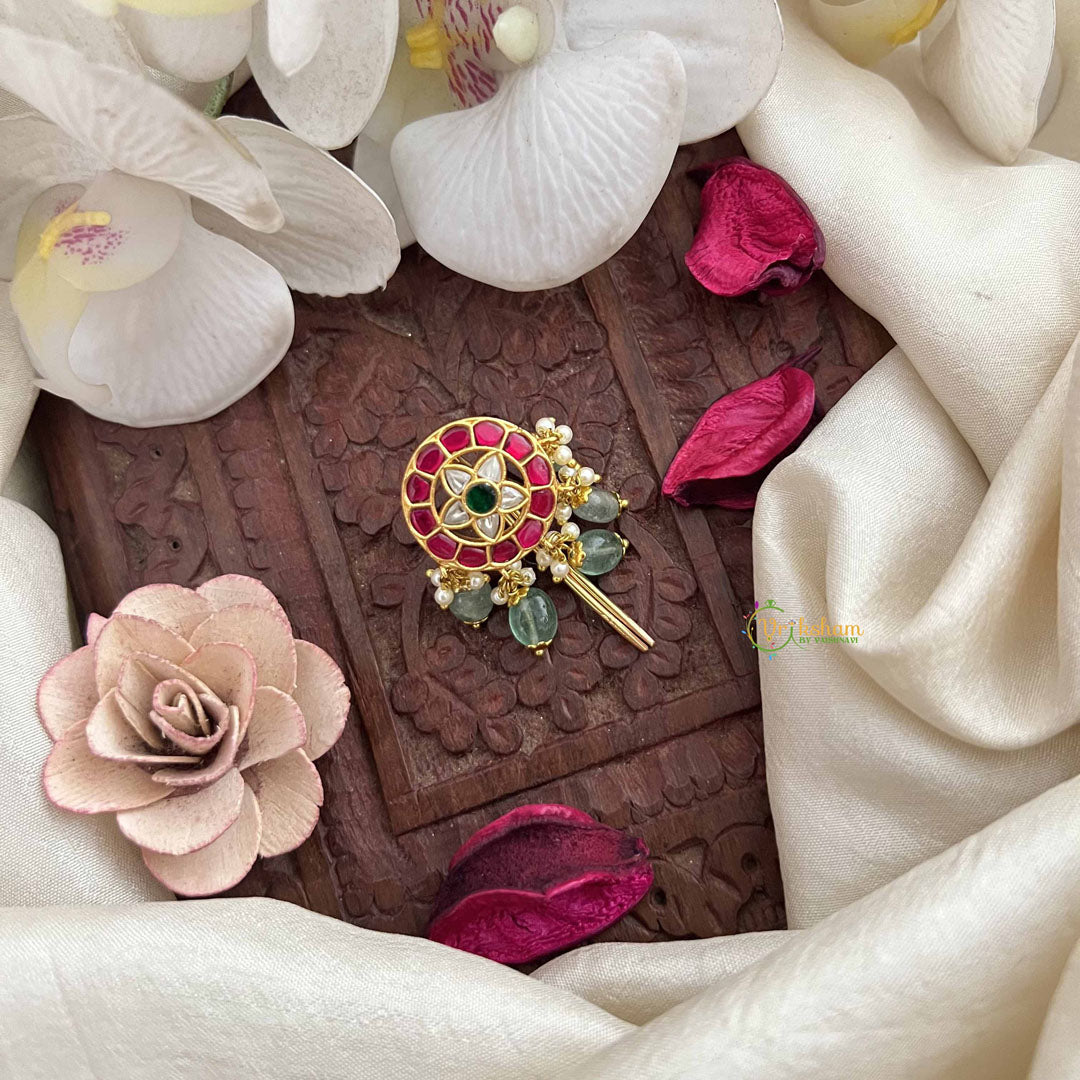 Vriksham Traditional Round Floral Kundan Kundan Jadau Jada Billai-Red Green & White-Aqua Green Bead-J3829