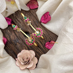 Vriksham Peacock Bloom Kundan Jadau Stud & Ear Cuffs Bugadi  With Pearl-Red Green & White-G20004