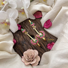 Vriksham Peacock Bloom Kundan Jadau Stud & Ear Cuffs Bugadi  With Pearl-Red Green & White-G20004