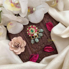 Vriksham Antique Lotus  Floral With Red Green & White Stones Jada Billai-Aqua Green Bead-J3823