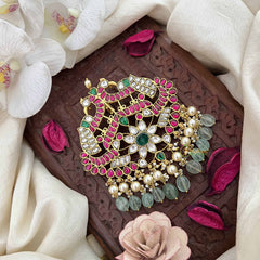 Vriksham Dual Peacock  & Floral Kundan Jadau Jada Billai-White Red & Green-Aqua Green Bead & Pearls-J3848