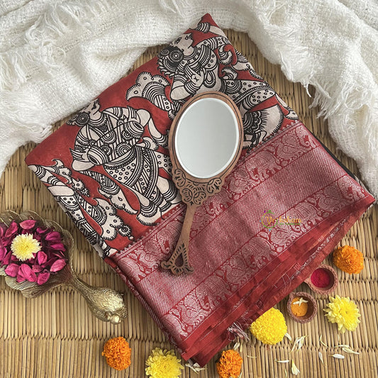 Black Red Kalamkari Saree with Kanchi Border-VS4148