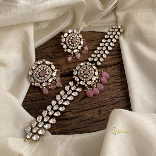 Elegant Pastel Pink Bead Victorian Diamond High Neck Choker - VV10732