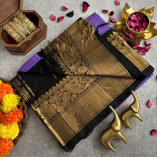 Violet Indigo with Black Border Silk Cotton Saree-Handloom-VS4087