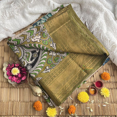 Beige Kalamkari Saree with Kanchi Border-VS4154